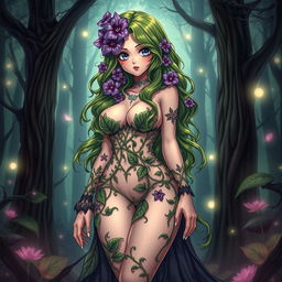 A captivating gothic anime-style illustration of a beautiful plant girl standing in a dark magical forest