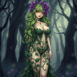 A captivating gothic anime-style illustration of a beautiful plant girl standing in a dark magical forest
