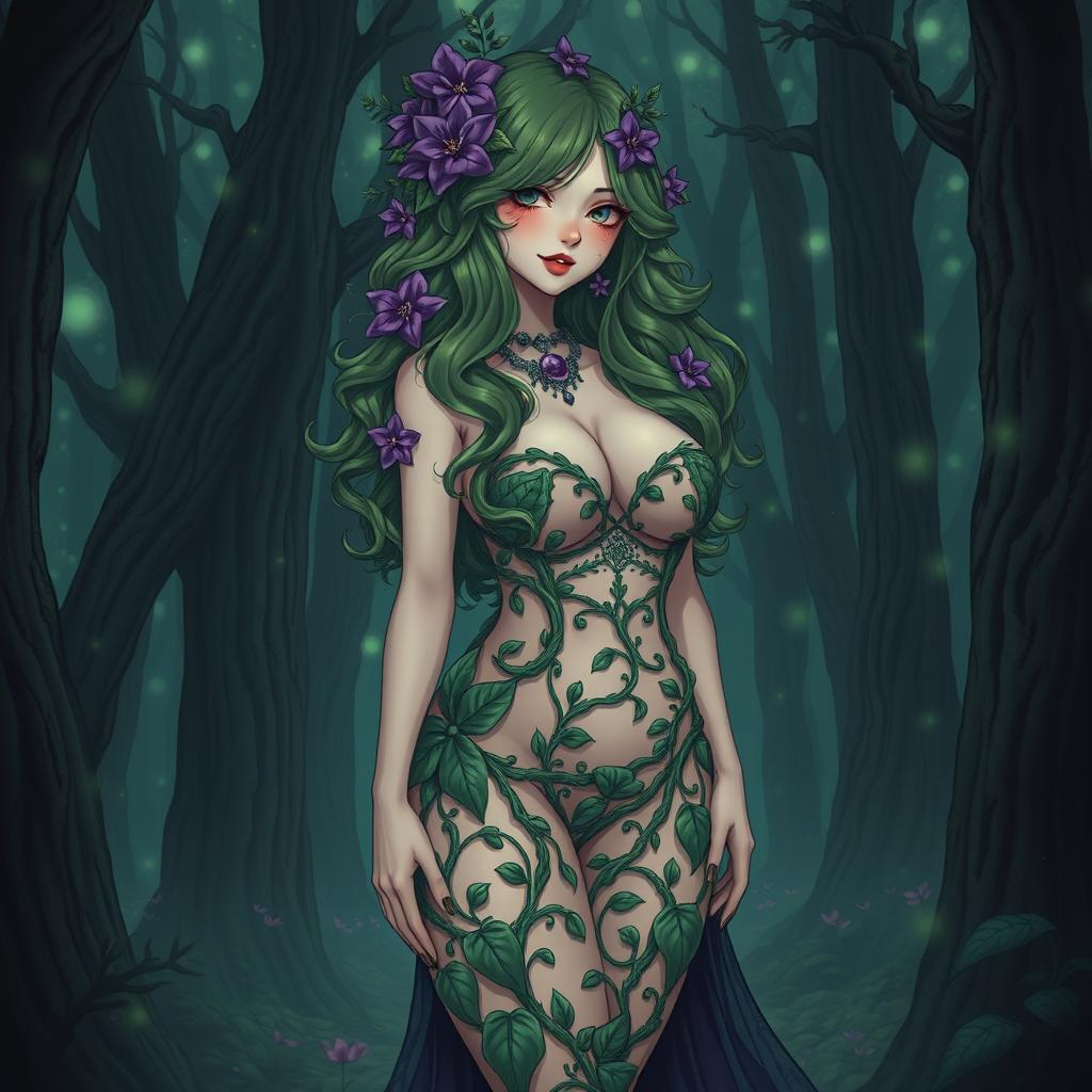 A captivating gothic anime-style illustration of a beautiful plant girl standing in a dark magical forest
