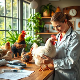 A cozy veterinary clinic interior showcasing a variety of healthy chickens