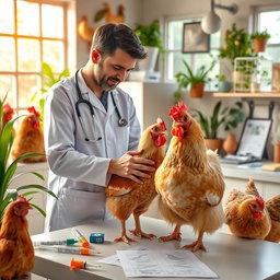 A cozy veterinary clinic interior showcasing a variety of healthy chickens
