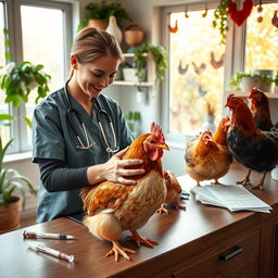 A cozy veterinary clinic interior showcasing a variety of healthy chickens