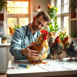 A cozy veterinary clinic interior showcasing a variety of healthy chickens