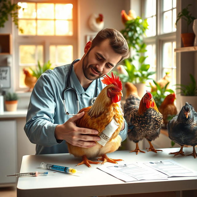 A cozy veterinary clinic interior showcasing a variety of healthy chickens