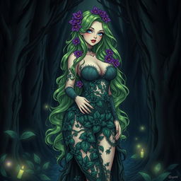 A gothic anime-inspired illustration of an enchanting plant girl set in a dark magical forest