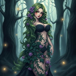 A gothic anime-inspired illustration of an enchanting plant girl set in a dark magical forest