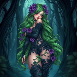 A gothic anime-inspired illustration of an enchanting plant girl set in a dark magical forest