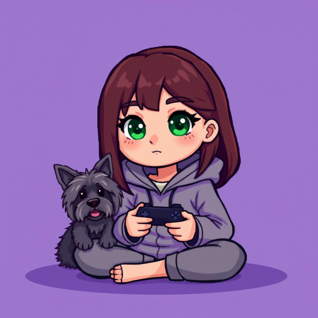 A pixel art character of a girl gamer with a round face, smooth features, and large, darker green eyes