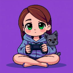 A pixel art character of a girl gamer with a round face, smooth features, and large, darker green eyes