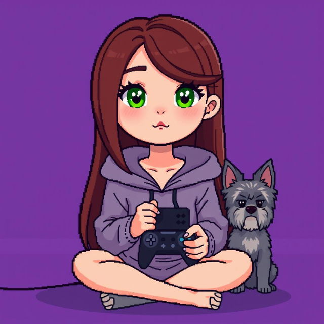 A pixel art character of a girl gamer with a round face, smooth features, and large, darker green eyes