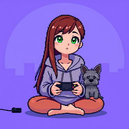A pixel art character of a girl gamer with a round face, smooth features, and large, darker green eyes