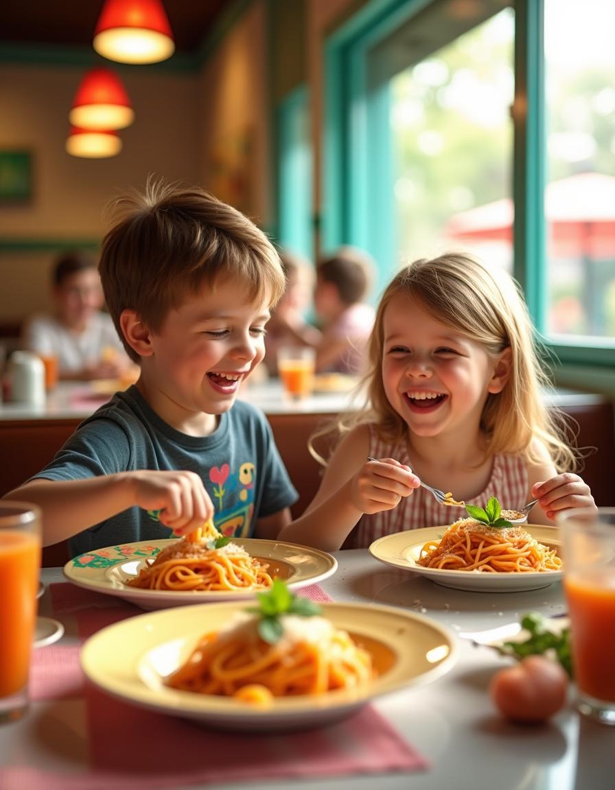 A charming scene in a cozy restaurant featuring a young boy and girl, both around 8-9 years old, joyfully eating bowls of pasta