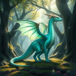 A majestic and beautiful female dragon with a long, flowing tail, vibrant iridescent scales in shades of green and blue, and elegant, translucent wings that shimmer in the light