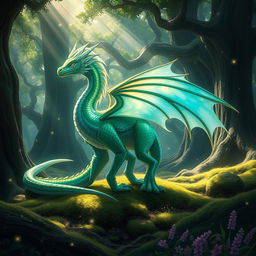 A majestic and beautiful female dragon with a long, flowing tail, vibrant iridescent scales in shades of green and blue, and elegant, translucent wings that shimmer in the light