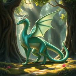 A majestic and beautiful female dragon with a long, flowing tail, vibrant iridescent scales in shades of green and blue, and elegant, translucent wings that shimmer in the light