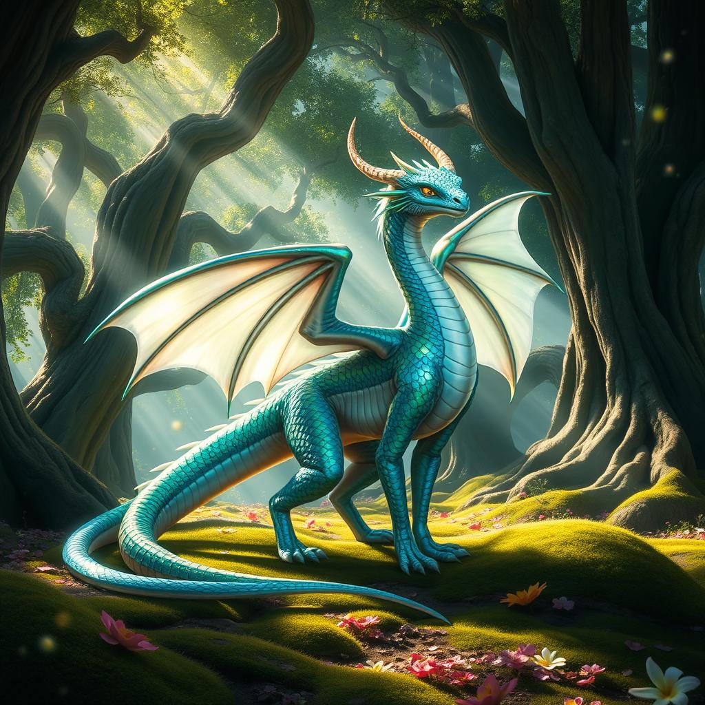 A majestic and beautiful female dragon with a long, flowing tail, vibrant iridescent scales in shades of green and blue, and elegant, translucent wings that shimmer in the light