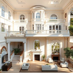 A large classic style house with creamy and white color scheme, featuring natural lighting