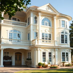 A large classic style house with creamy and white color scheme, featuring natural lighting