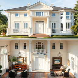 A large classic style house with creamy and white color scheme, featuring natural lighting