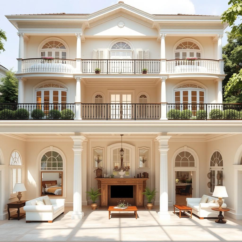 A large classic style house with creamy and white color scheme, featuring natural lighting