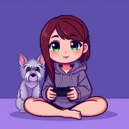 A pixel art character of a girl gamer with a round face, smooth features, and large, darker green eyes