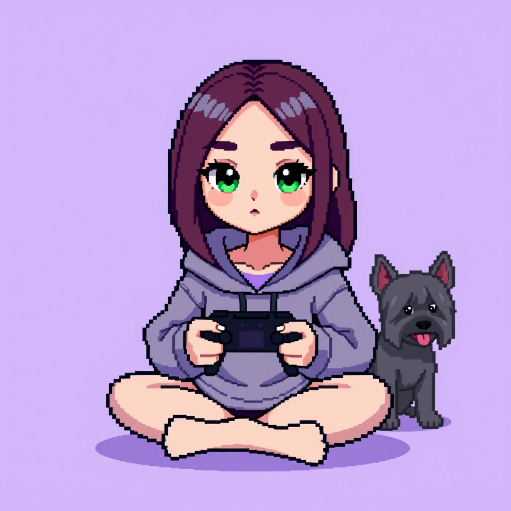 A pixel art character of a girl gamer with a round face, smooth features, and large, darker green eyes