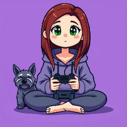 A pixel art character of a girl gamer with a round face, smooth features, and large, darker green eyes