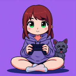 A pixel art character of a girl gamer with a round face, smooth features, and large, darker green eyes