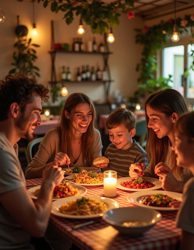 A warm and inviting scene of a family enjoying a delicious meal of pasta in a cozy Italian restaurant