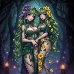 A striking gothic anime-style illustration featuring two enchanting plant girls in a dark magical forest