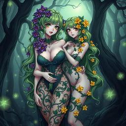 A striking gothic anime-style illustration featuring two enchanting plant girls in a dark magical forest