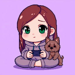 A pixel art character of a girl gamer with a round face, smooth features, and large, dark green eyes