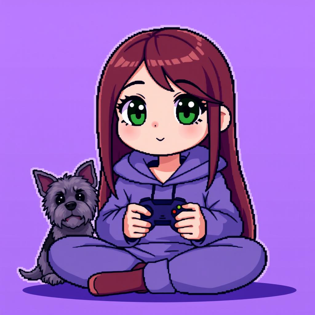 A pixel art character of a girl gamer with a round face, smooth features, and large, dark green eyes