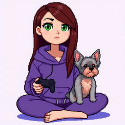 A pixel art character of a girl gamer with a round face, smooth features, and large, dark green eyes