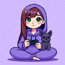 A pixel art character of a girl gamer with a round face, smooth features, and large, dark green eyes