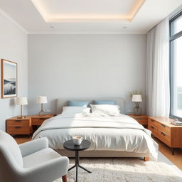 A beautifully designed bedroom featuring a contemporary aesthetic