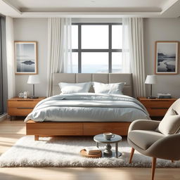 A beautifully designed bedroom featuring a contemporary aesthetic