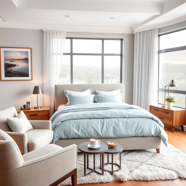 A beautifully designed bedroom featuring a contemporary aesthetic