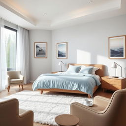 A beautifully designed bedroom featuring a contemporary aesthetic