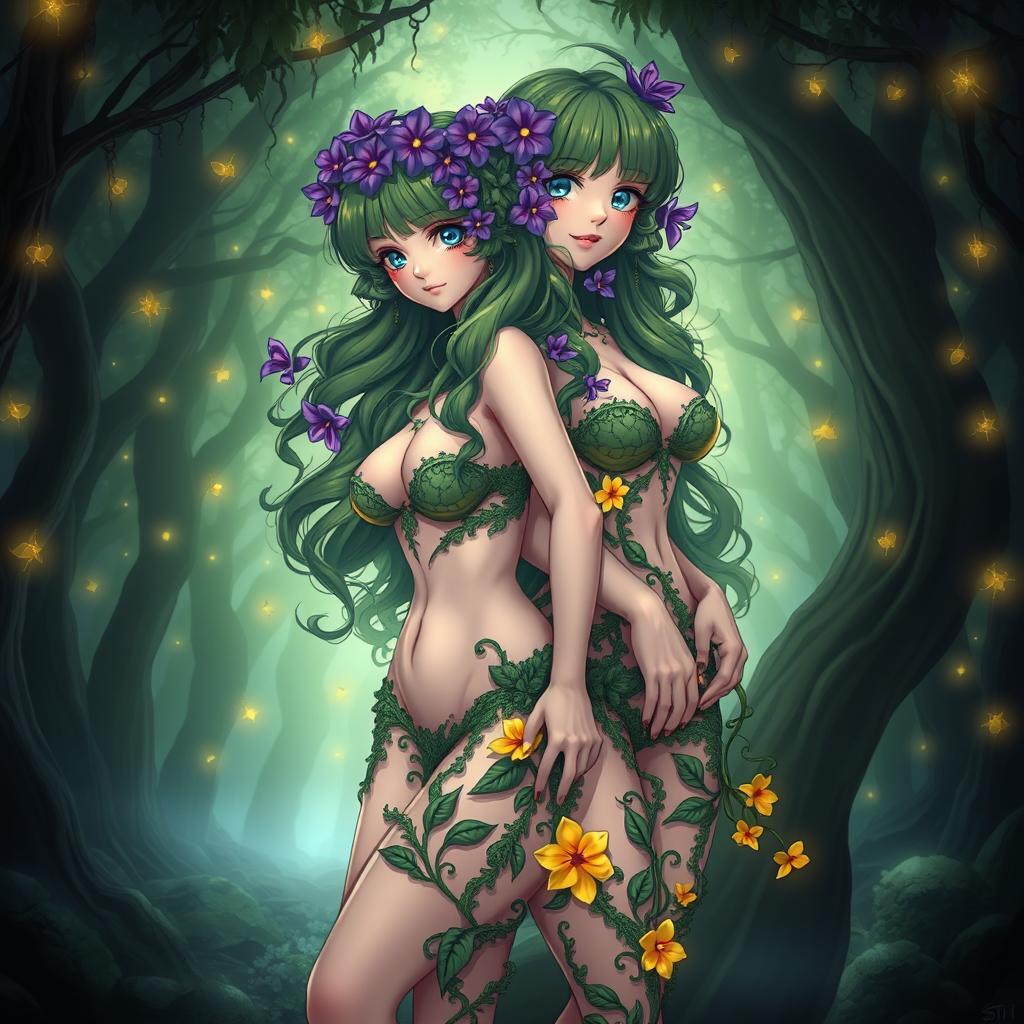 An enchanting gothic anime-style illustration featuring two beautiful plant girls in a dark magical forest