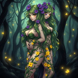 An enchanting gothic anime-style illustration featuring two beautiful plant girls in a dark magical forest