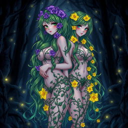 An enchanting gothic anime-style illustration featuring two beautiful plant girls in a dark magical forest