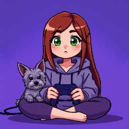 A pixel art character of a girl gamer with a round face, smooth features, and larger, darker green eyes