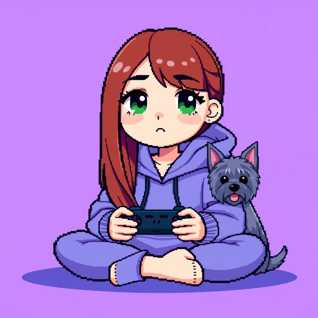 A pixel art character of a girl gamer with a round face, smooth features, and larger, darker green eyes