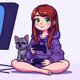 A pixel art character of a girl gamer with a round face, smooth features, and larger, darker green eyes