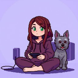 A pixel art character of a girl gamer with a round face, smooth features, and larger, darker green eyes