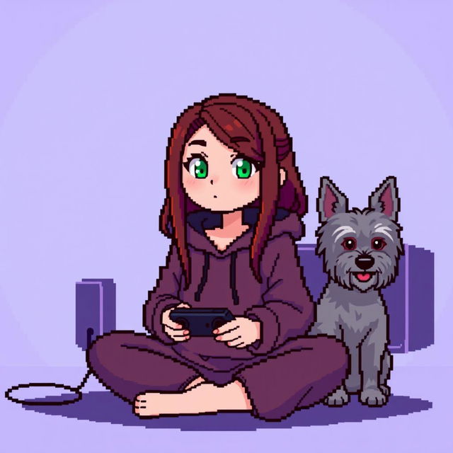 A pixel art character of a girl gamer with a round face, smooth features, and larger, darker green eyes