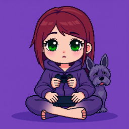 A pixel art character of a girl gamer with a round face, smooth features, and larger, darker green eyes