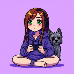 A pixel art character of a girl gamer with a round face, smooth features, and larger, darker green eyes