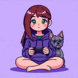 A pixel art character of a girl gamer with a round face, smooth features, and larger, darker green eyes
